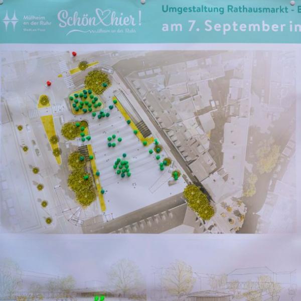 Abgebildet ist ein Entwurfsplan zum Rathausmarktplatz. Mehrheitlich grüne Pins markieren Stellen in der Planung, die besonders gut ankommen. | Foto: Walter Schernstein